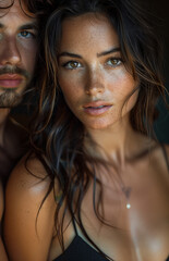 Portrait of hot young woman with her boyfriend.  Girl has got a tattoo and wearing black bra. Close up photo.