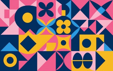 Dynamic spirit of the 1990s, featuring bold abstract shapes and a color palette rich in pink, yellow, and blue. 