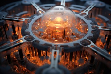 A close up of a computer with a glowing ball inside. Generative AI.