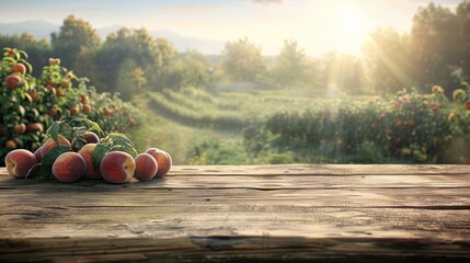 Wall Mural - Empty rustic old wooden board table copy space with peach trees or an orchard in the background. Some ripe fruits are on the desk. Product display template.