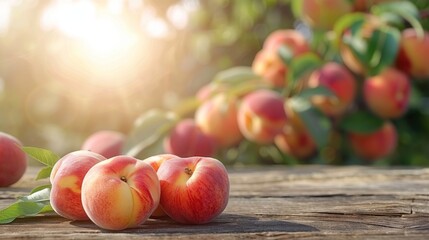 Wall Mural - Empty rustic old wooden board table copy space with peach trees or an orchard in the background. Some ripe fruits are on the desk. Product display template.