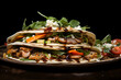 Tortilla wrap with agrilled chicken and vegetables on a black background