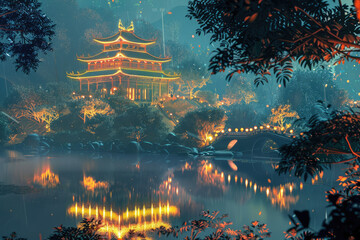 Wall Mural - Traditional Chinese Buddhist Temple at night illuminated for the Mid-Autumn festival. Traditional Chinese lanterns display in Temple illuminated for Chinese new year festival