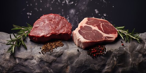 Wall Mural - a piece of fresh meat on a table with a black background, high quality and hygienic beef