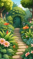 Wall Mural - Free Beautiful green garden cartoon background illustration Generative AI