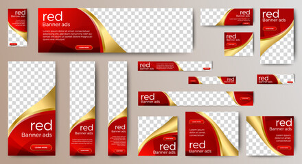 Wall Mural - Set of Red and Gold Web advertising banner template design. Modern web layout set with standard size. vector