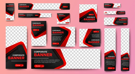 Poster - Professional business web ad banner template with photo place. Modern layout blue background and orange shape and text design	