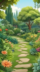 Wall Mural - Free Beautiful green garden cartoon background illustration Generative AI