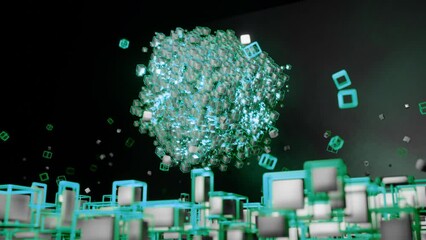 Wall Mural - 4k video animation of abstract sci-fi large cube made with sets of cubes and blue frame cinematic mo