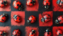 Ladybugs On Black And Red Checker Board Pattern Design Artistic Concept Background 