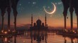 Ramadan concept crescent moon with mosque and pool