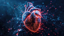 Human Heart With Light Grids Symbolizing The Complexity Of Cardiovascular Health, Nerve Connections, Impulses And Nerve Endings On A Dark Background