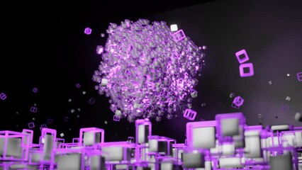 Wall Mural - 4k video animation of abstract sci-fi large cube made with sets of cubes and purple frame cinematic 