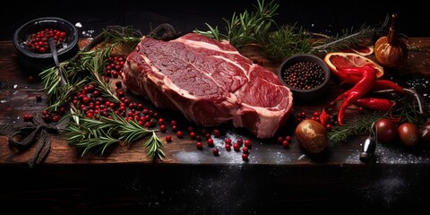 Wall Mural - a piece of fresh meat on a table with a black background, high quality and hygienic beef