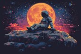 Fototapeta  - A astronaut is sitting on a stone looking far over the planet