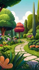 Wall Mural - Free Beautiful green garden cartoon background illustration Generative AI