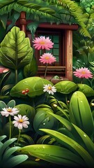 Wall Mural - Free Beautiful green garden cartoon background illustration Generative AI