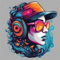 Wall Mural - colorful poster with headphones colorful poster with headphones colorful vector hand drawn illustration with a girl on a black background.