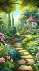 Wall Mural - Free Beautiful green garden cartoon background illustration Generative AI