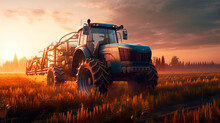 The Silhouette Of A Tractor In A Field Against The Background Of A Sunset Red-orange Sky.