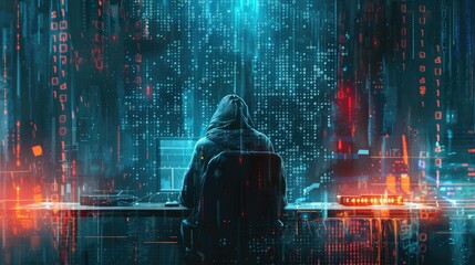A view from the back of a hooded programmer at a computer. The concept of virtual reality.