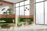 Fototapeta Panele - Stylish cafe interior with chairs and sofa in row near panoramic window