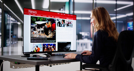 Woman Looking At News In Online Newspaper