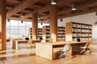 © ImageFlow - Modern library interior with workplace and laptop, bookshelf and window