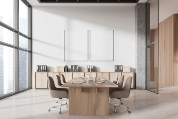 Meeting room interior with chair and wooden table, drawer and mockup frames