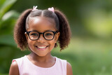 Fototapeta  - Smiling cute little african american girl with two pony tails looking at camera. Portrait of happy female child. Smiling face a of black 4 year old girl looking at camera with afro puff hair