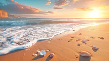 A picture of a pristine beach at sunrise, gentle waves