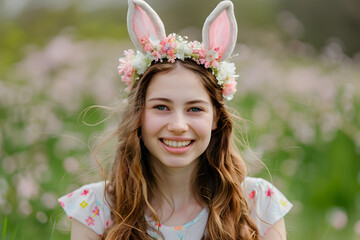 Wall Mural - Happy young woman wearing easter rabbit headband with ears.