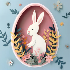 Wall Mural - Easter greeting card with bunny rabbit on background.	Paper art style.