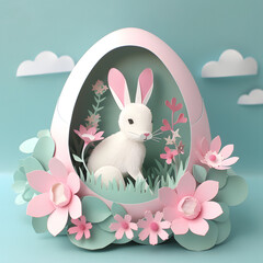Wall Mural - Easter greeting card with bunny rabbit on background.	Paper art style.