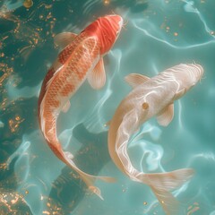 Poster - Two koi fish swimming in the water. Generative AI.