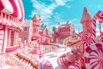 Candy land with gingerbread houses, ice cream trees and milk river