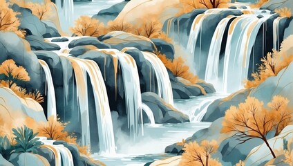 Wall Mural - Abstract waterfall vector. Minimal cascading water art with watercolor brush and golden line art texture. Abstract art wallpaper for prints, Art Decoration, wall arts, and canvas prints. 