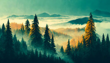 Beautiful Misty Landscape With Fir Forest In Hipster Vintage Retro Style On Digital Art Concept.