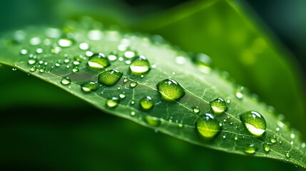  Large beautiful transparent raindrops on green leaves macro