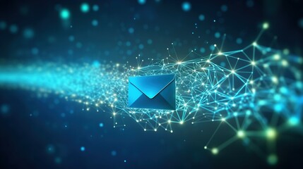 Abstract futuristic envelope with connected glowing dots and lines. Network connection, social networking and global business communication concept.