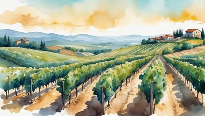 Poster - vineyard landscape vector. minimal grapevine art with watercolor brush and golden line art texture. 