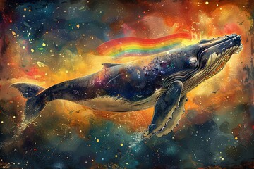 Wall Mural - rainbow body humpback whale blowing a rainbow, illustration