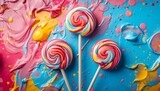 Fototapeta Konie - three swirling colorful candy lollipops pink blue