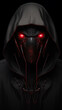 A robot wearing a black hoodie with red eyes, wallpaper