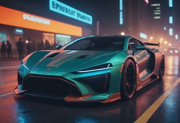 Wall Mural - Tuned Sport Car , cyberpunk Retro Sports Car On Neon Highway. Powerful acceleration of a supercar on a night track with colorful lights and trails