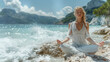 Serene woman meditating on a rocky shore, the waves gently breaking in the background, embodying peace and tranquility.