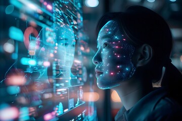 woman looking at futuristic computer screen data artificial intelligence facial recognition password program hologram 