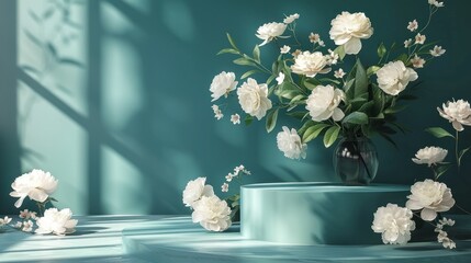 Poster - Podium, stand, showcase, and elegant white flowers set against a dark teal background