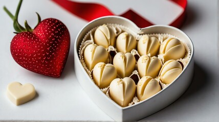 Poster - Heart shaped box with white chocolates on plain white background from Generative AI