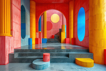 Fototapete - Multicolored Abstract Interior of a Room with Walls, Stairs and Openings in the Form of Geometric Shapes extreme closeup. Generative AI